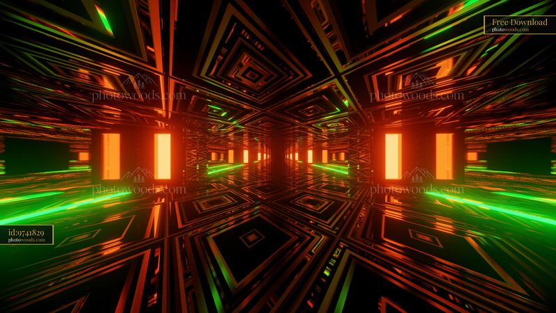 Futuristic Neon Tunnel With Orange and Green Geometric Lights