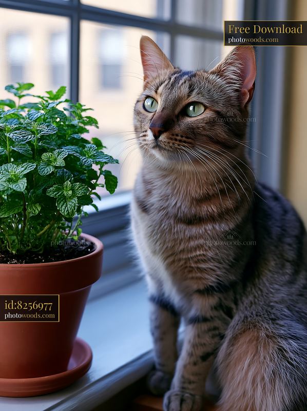 Tabby cat sitting beside a potted plant indoors