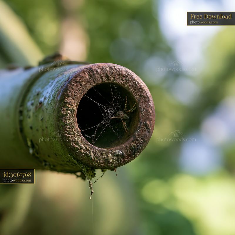Panzer tank gun barrel detail with spider web in natural setting