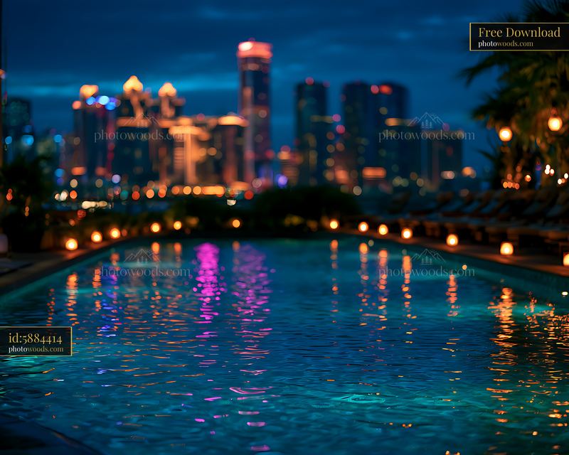 City skyline reflected in a pool at night