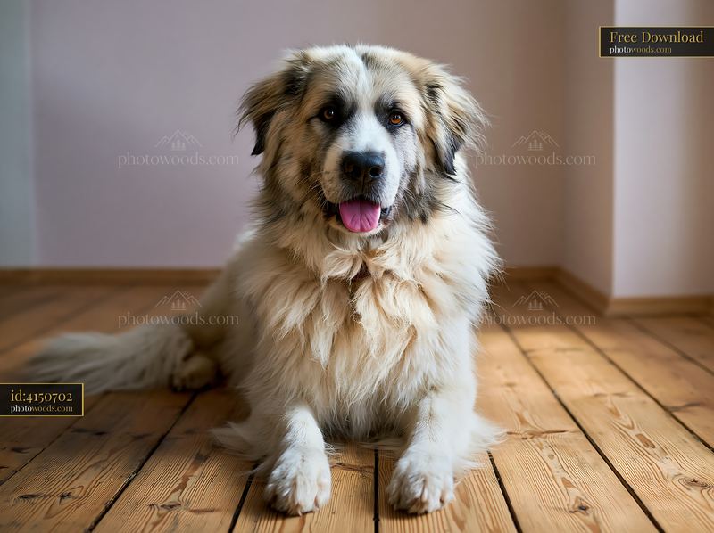 Rare dog breed in studio portrait with soft lighting on wood floor