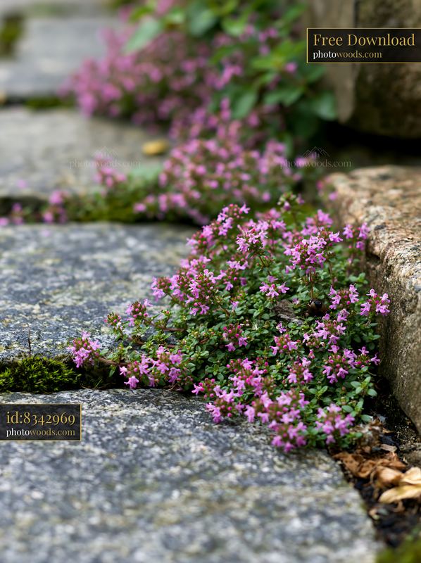 Thyme flowers growing between stones in a garden pathway