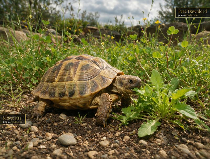 Tortoise in a natural grassy enclosure