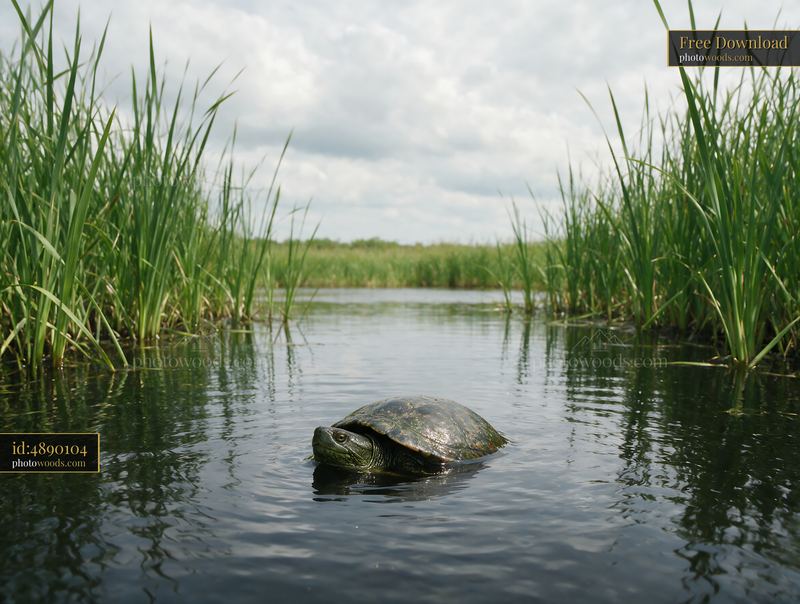 Turtle emerging in calm wetland water
