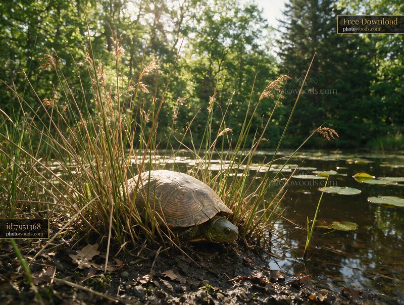 Turtle at the edge of a woodland pond