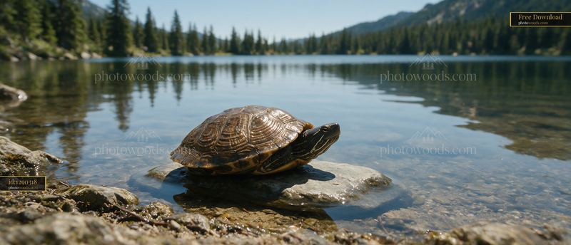 Turtle resting on a rock beside a calm mountain lake