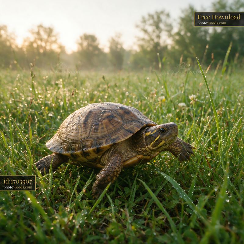Turtle Walking Through Wet Grass