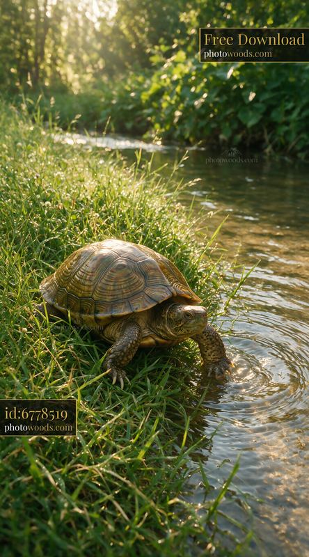 Turtle walking through wet grass beside a stream