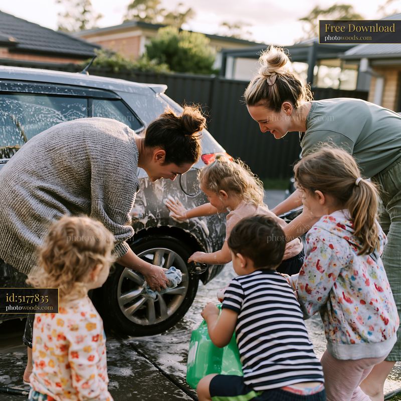Family washing a car together in a residential driveway