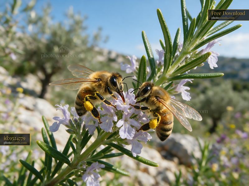 Two honey bees interacting on rosemary flowers
