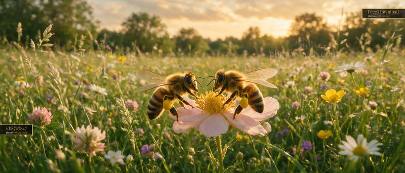 Honey bee interacting with another bee in a flower field