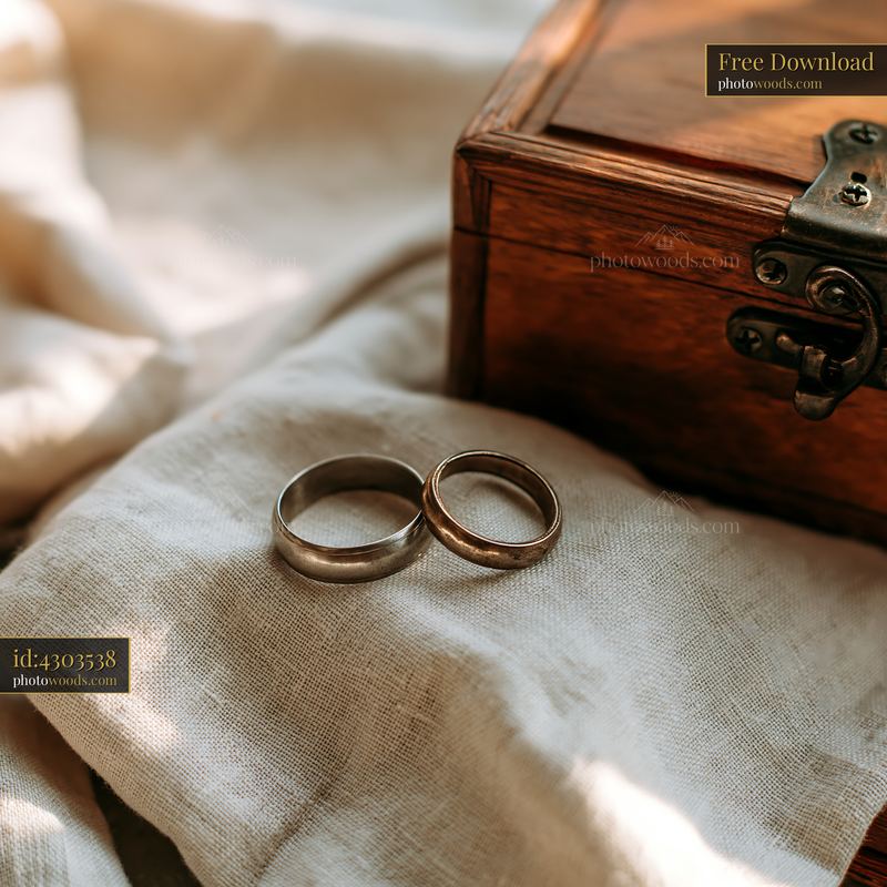 Wedding rings on linen with a wooden box nearby