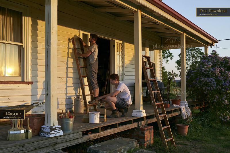 Country house renovation scene with workers on the porch