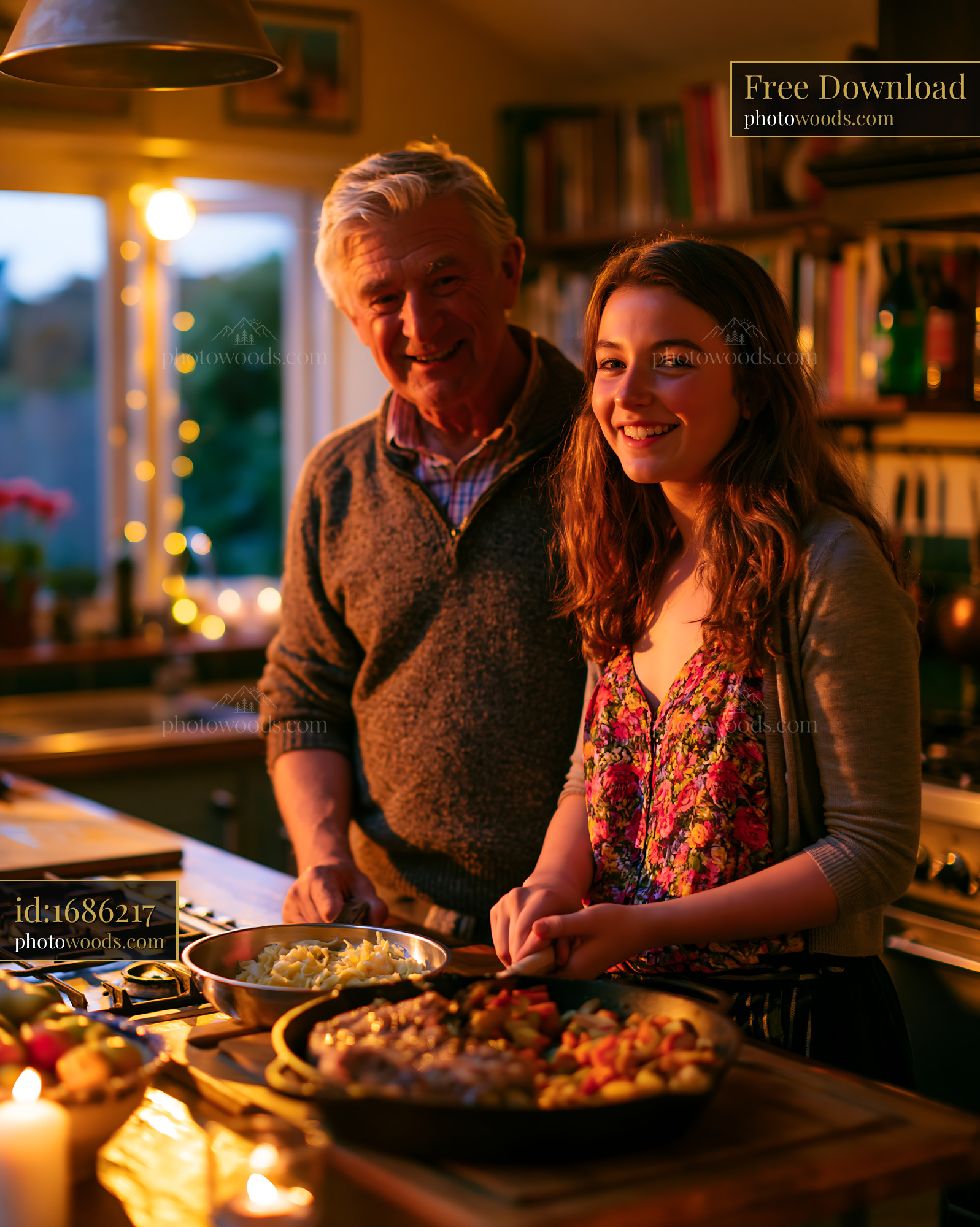 Grandfather and Granddaughter Cooking Together in Warm Kitchen