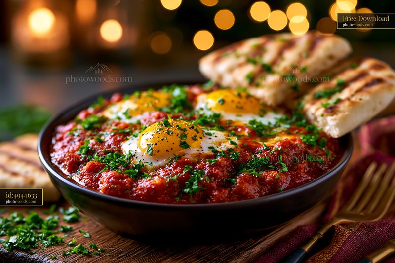Bowl of Shakshuka With Runny Eggs and Warm Flatbread