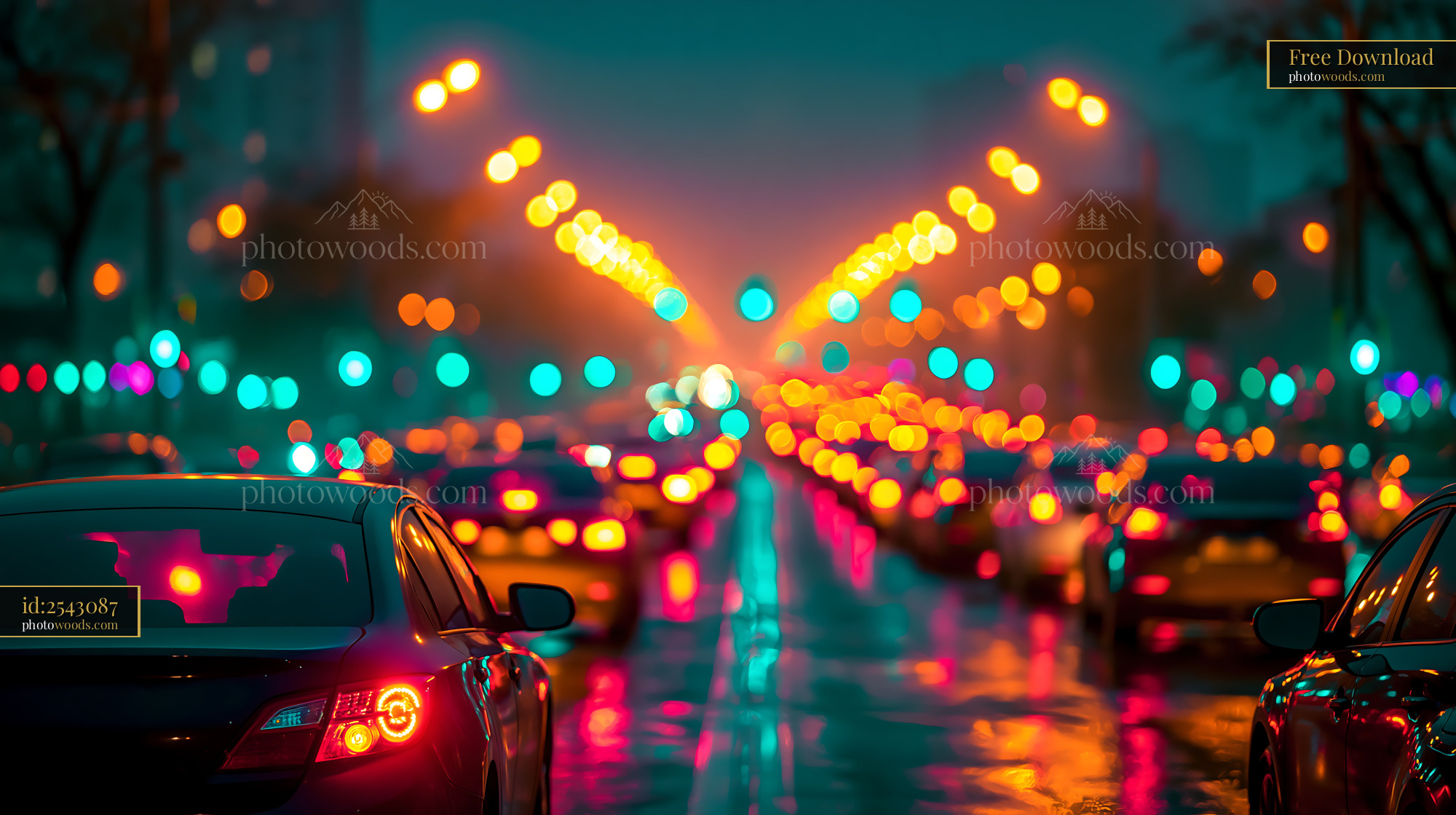 Cars Moving on a Wet City Street at Night With Colorful Lights