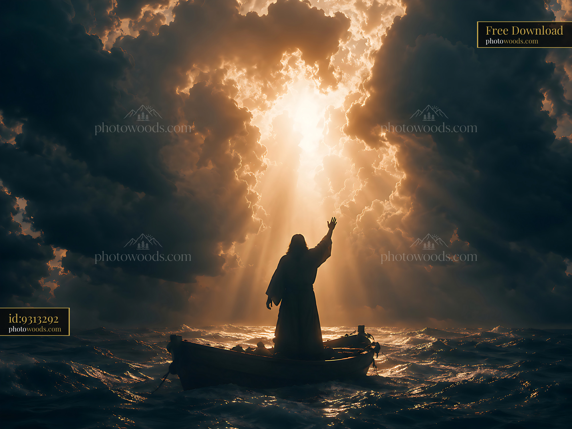 Person in a Boat Raises Hand Towards Light From Clouds