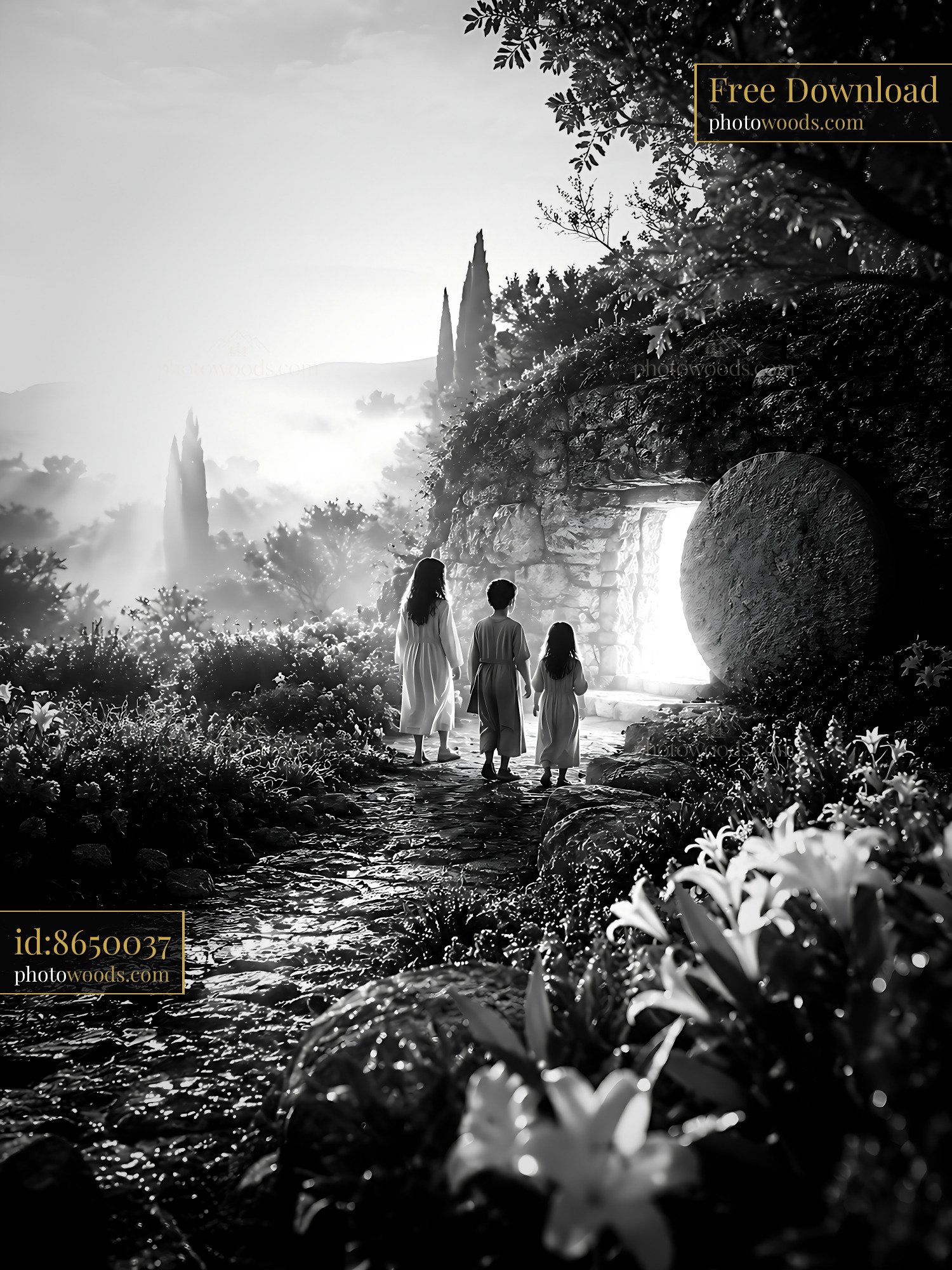 Children Walk Through a Garden Towards a Glowing Doorway