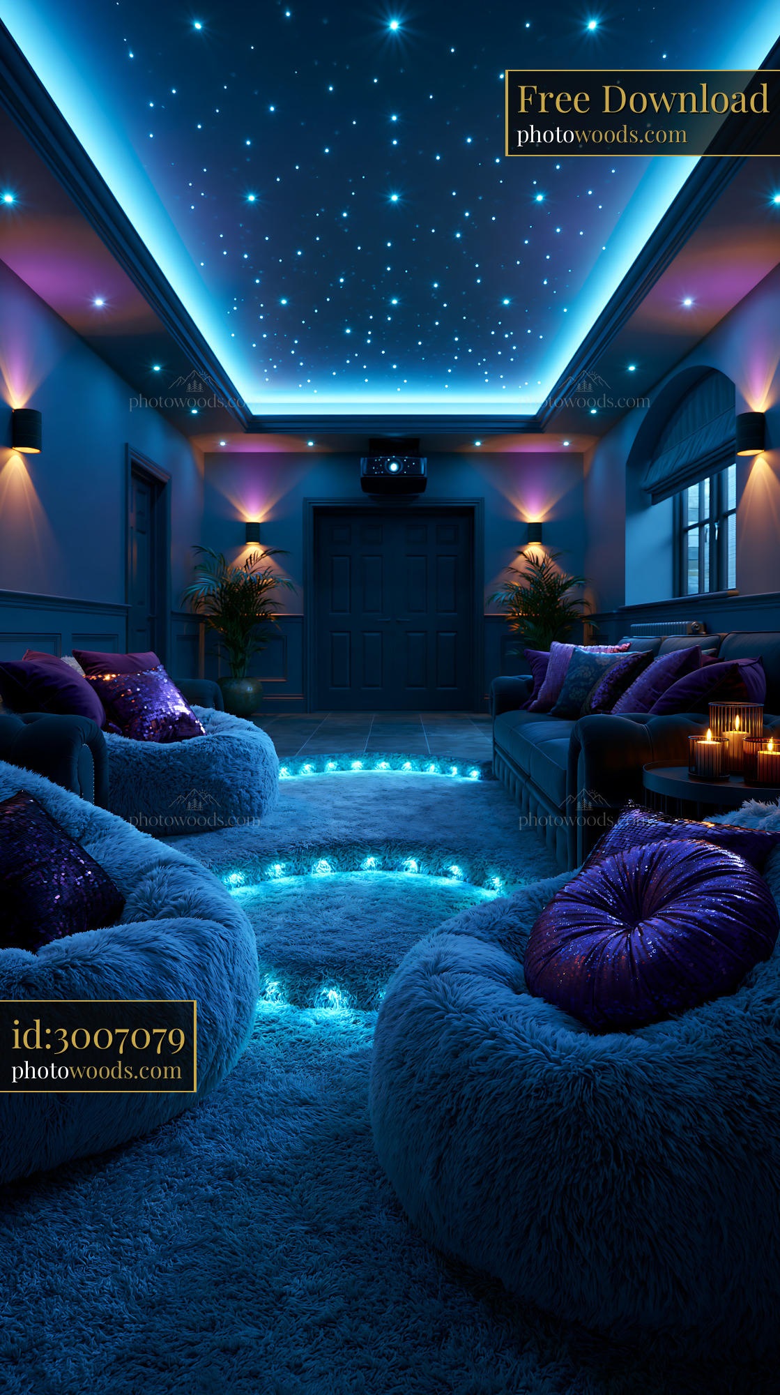 Luxury Cinema Room With Bean Bags and Blue Lighting
