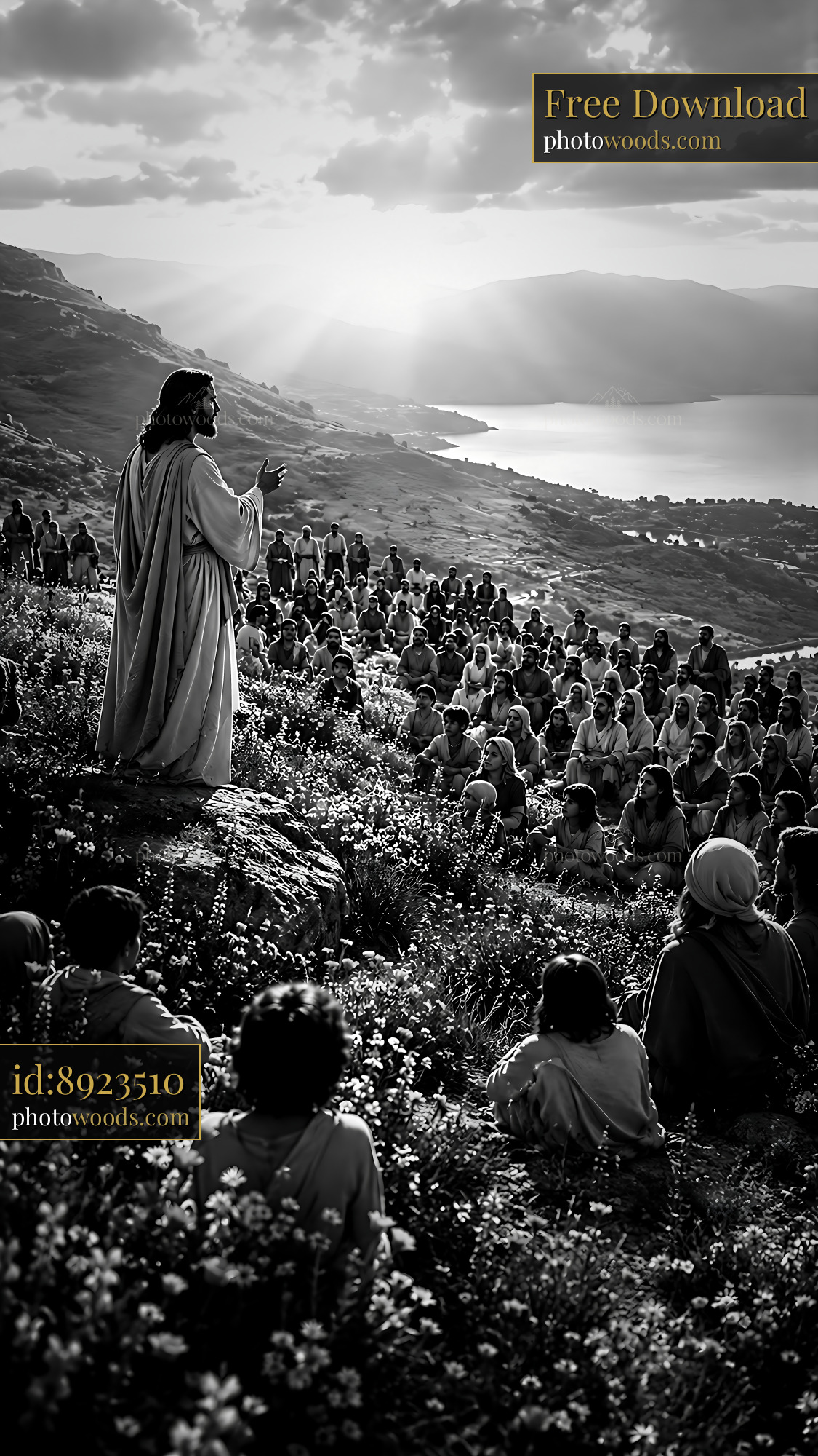 Jesus Speaks to a Crowd on a Hillside During Sunset