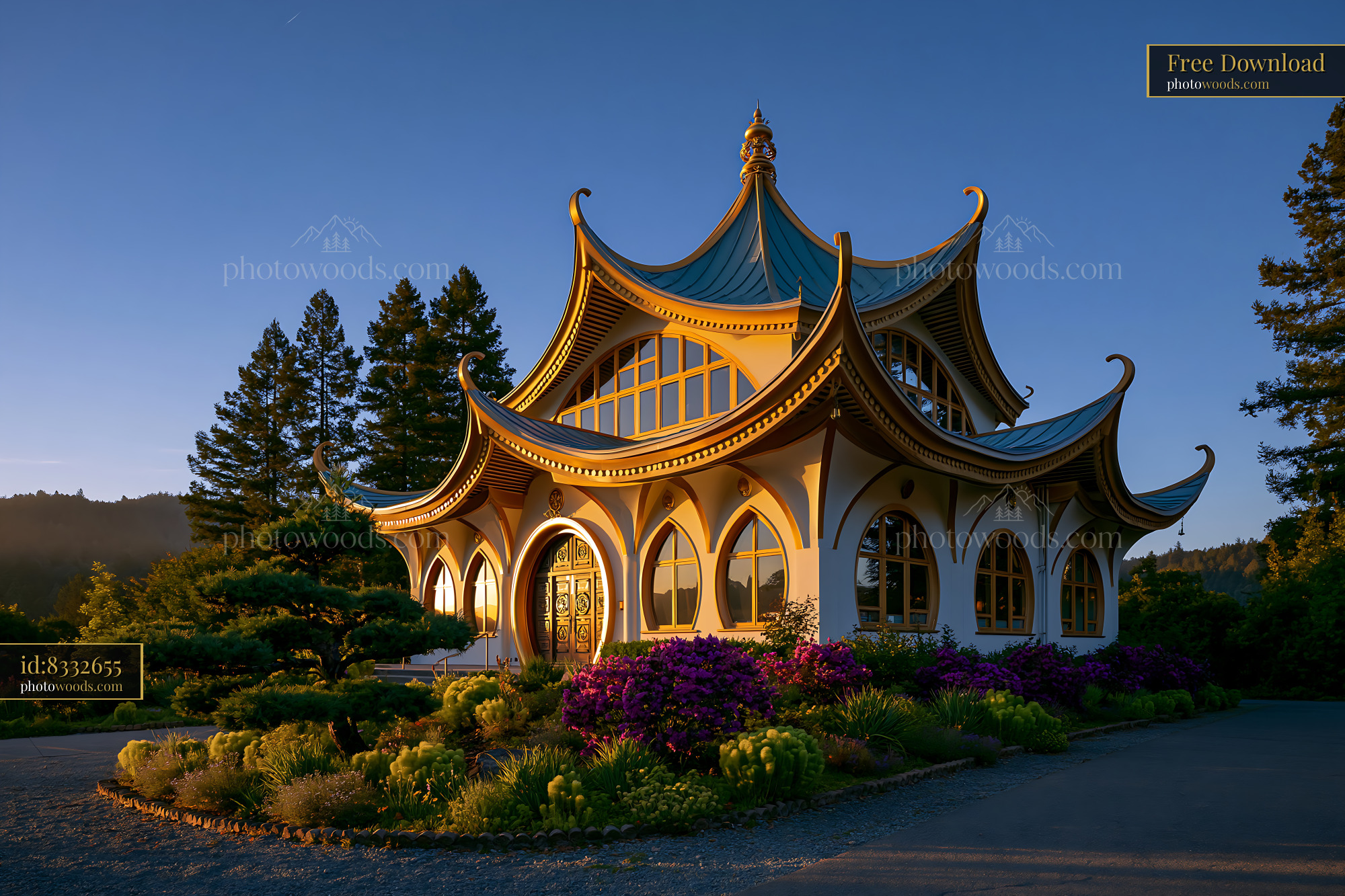 Vajra Temple With Elegant Architecture at Sunset in USA