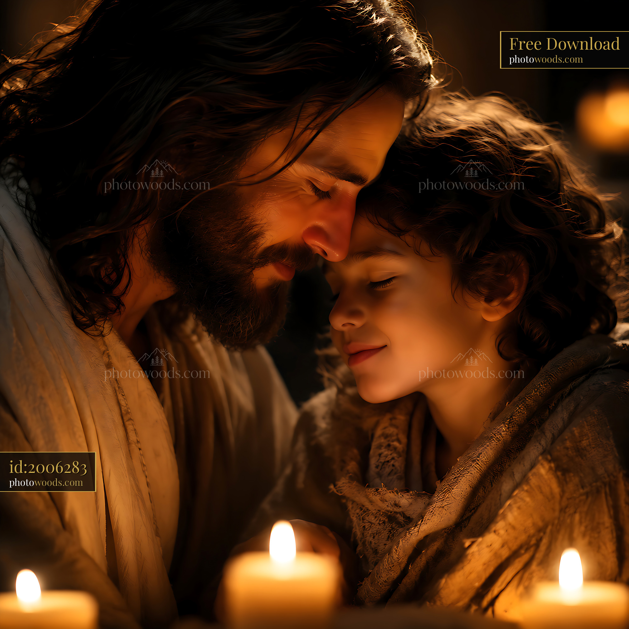 Man and Boy Embrace With Candles in Dim Light
