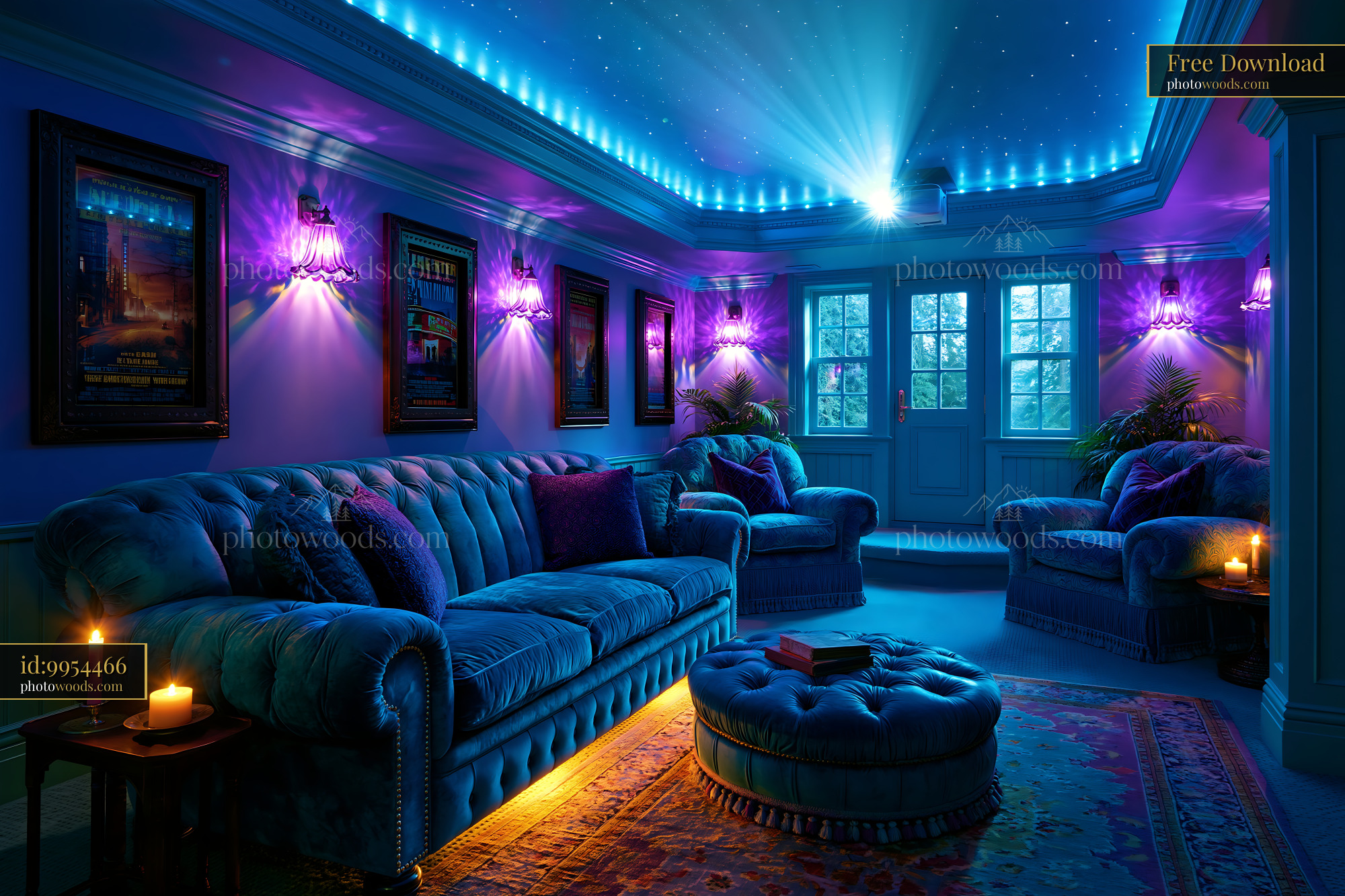 High End Basement Screening Room With Blue Lighting and Decor