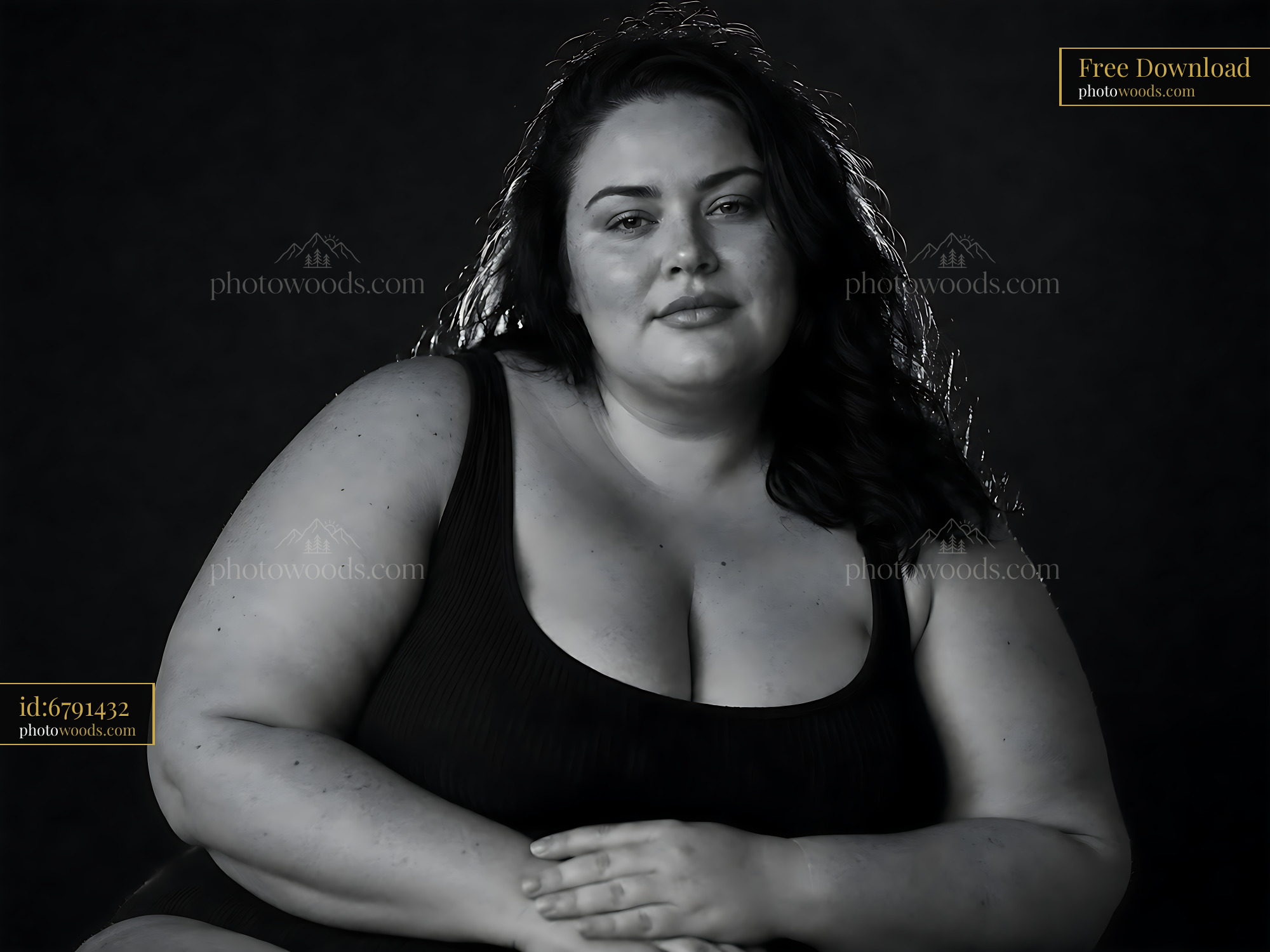 Woman With Curly Hair Sitting Against Dark Background