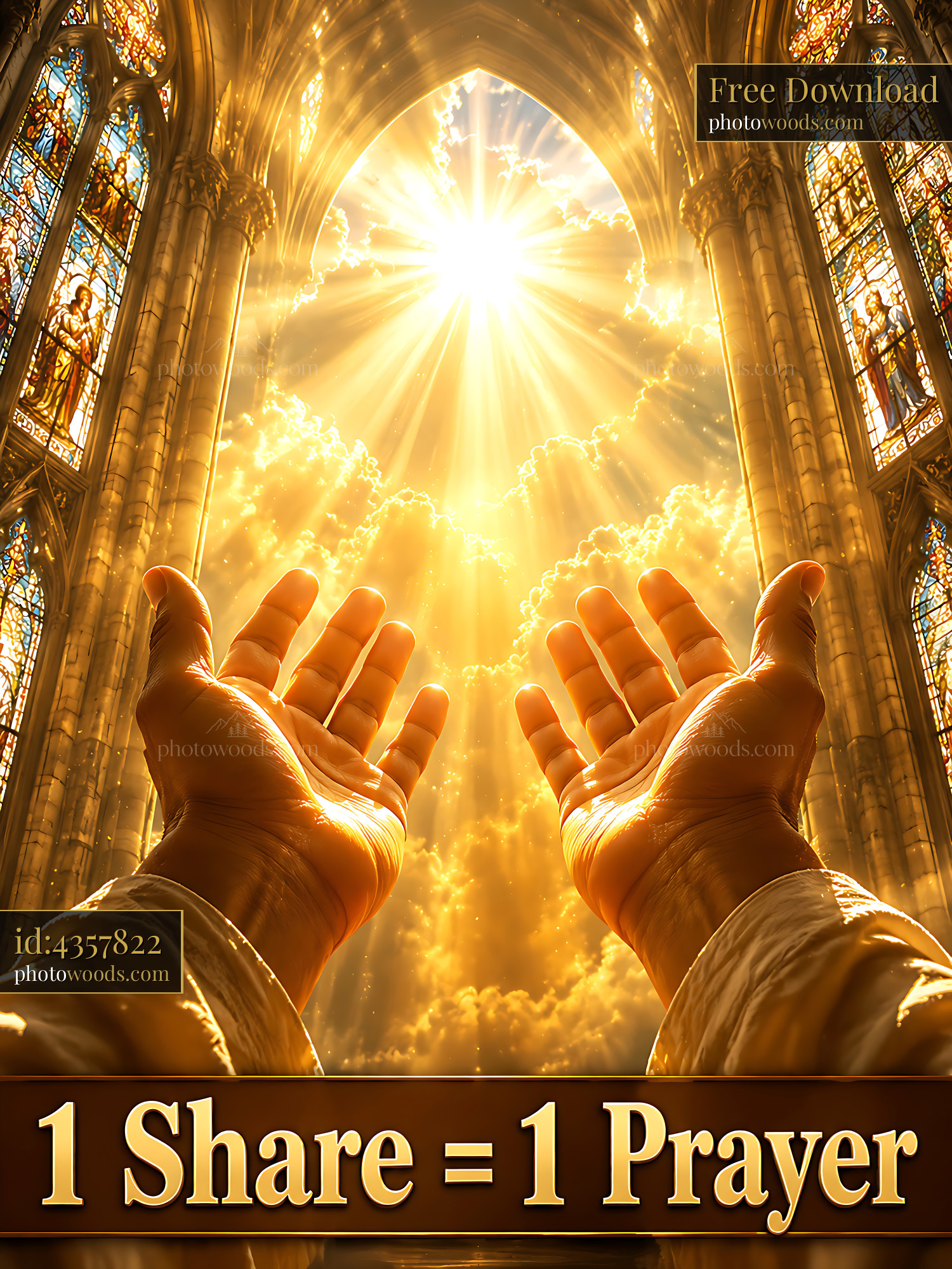 Hands Raised Towards Light in a Cathedral Setting With Vibrant Colors