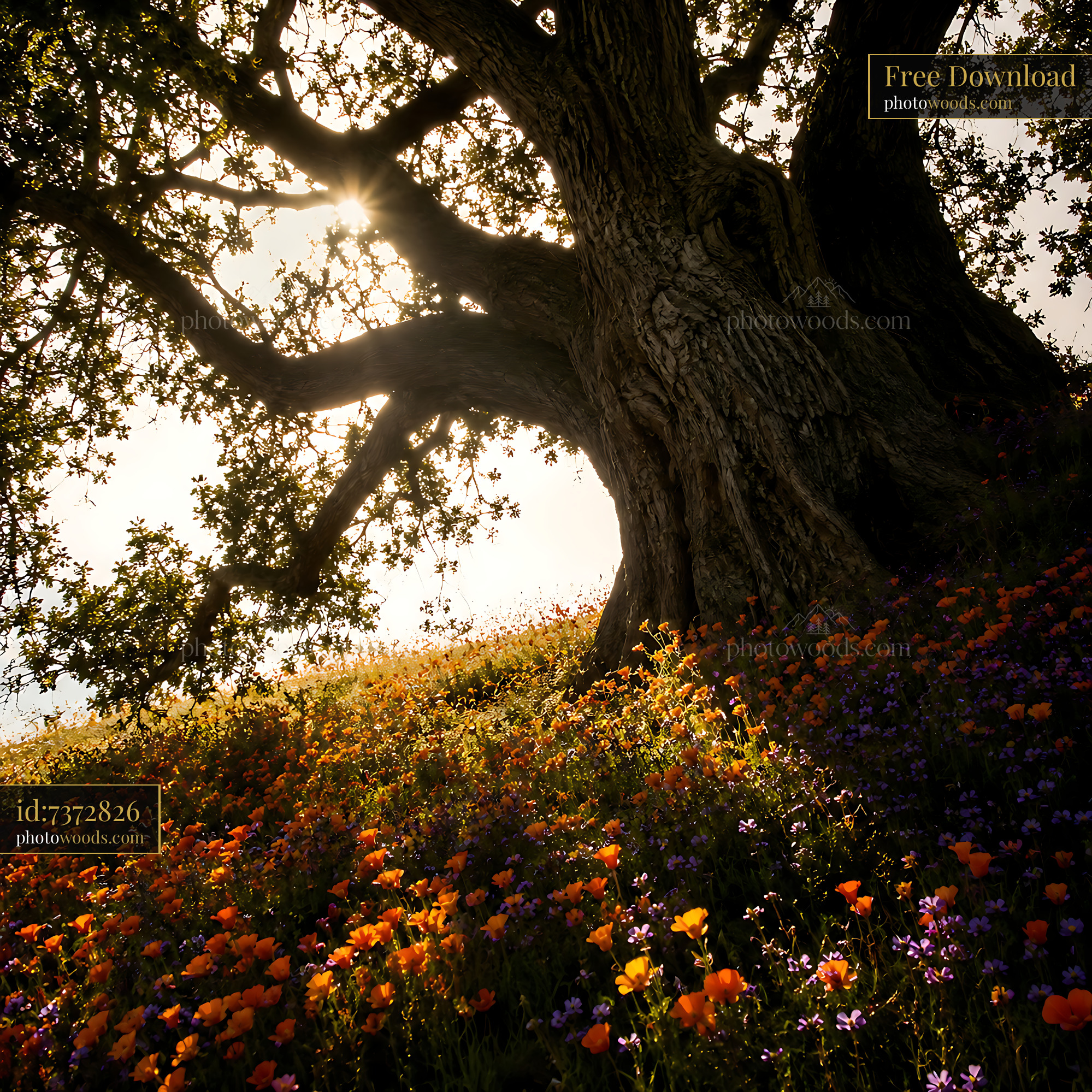 Tree Stands Among Colorful Flowers at Sunset Creating a Bright Scene