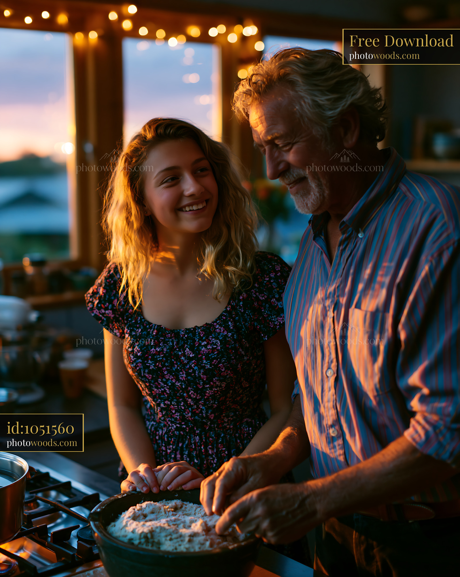 Grandfather and Granddaughter Baking Together at Sunset