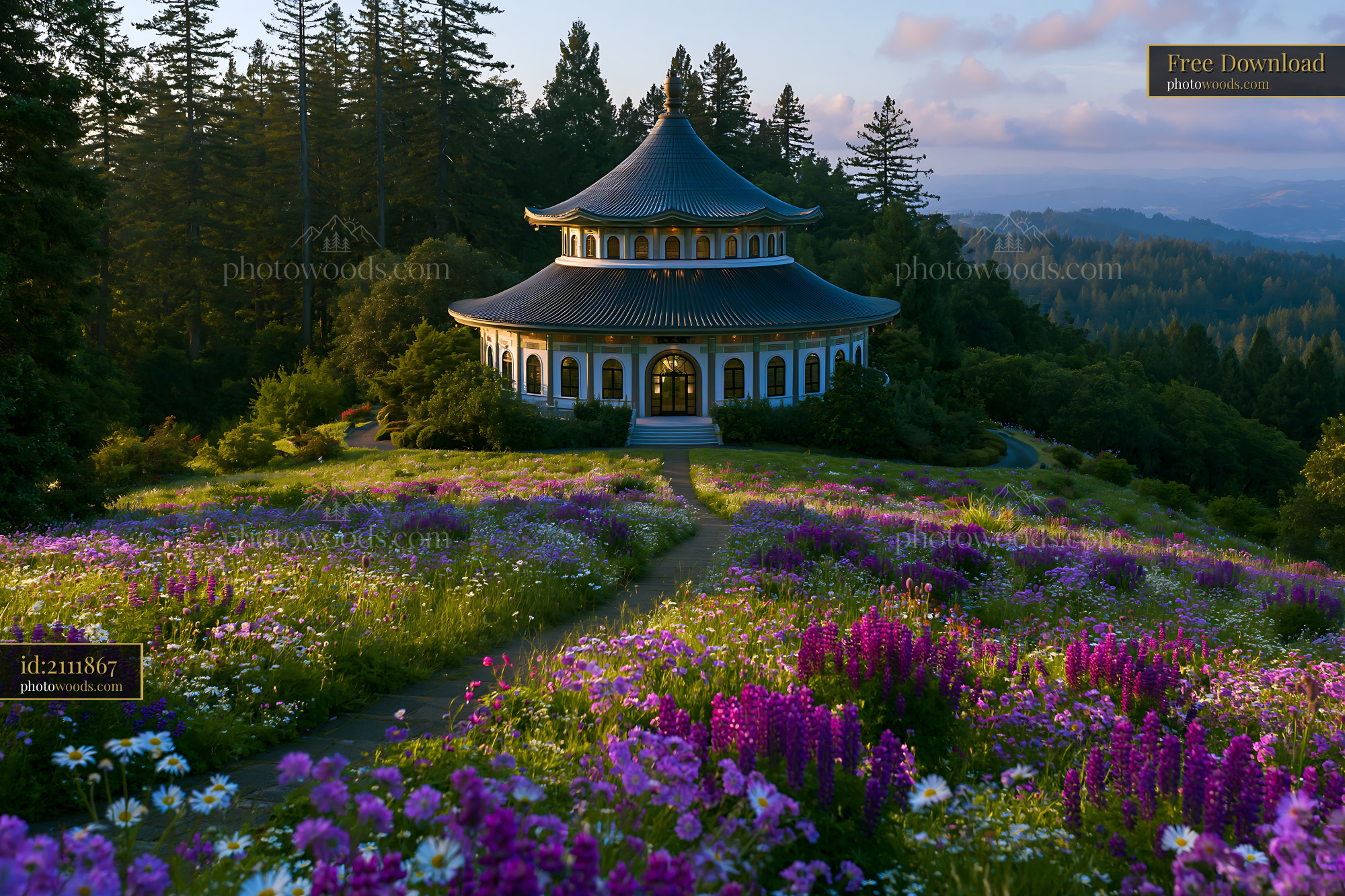 Pagoda With Colorful Flowers in a Serene Landscape at Sunset