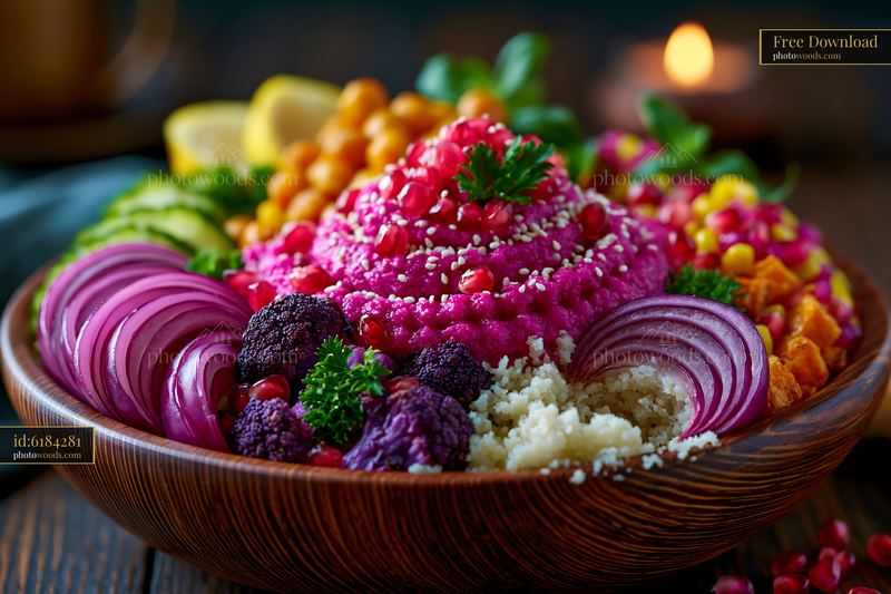 Vibrant Buddha Bowl With Roasted Vegetables and Colorful Toppings