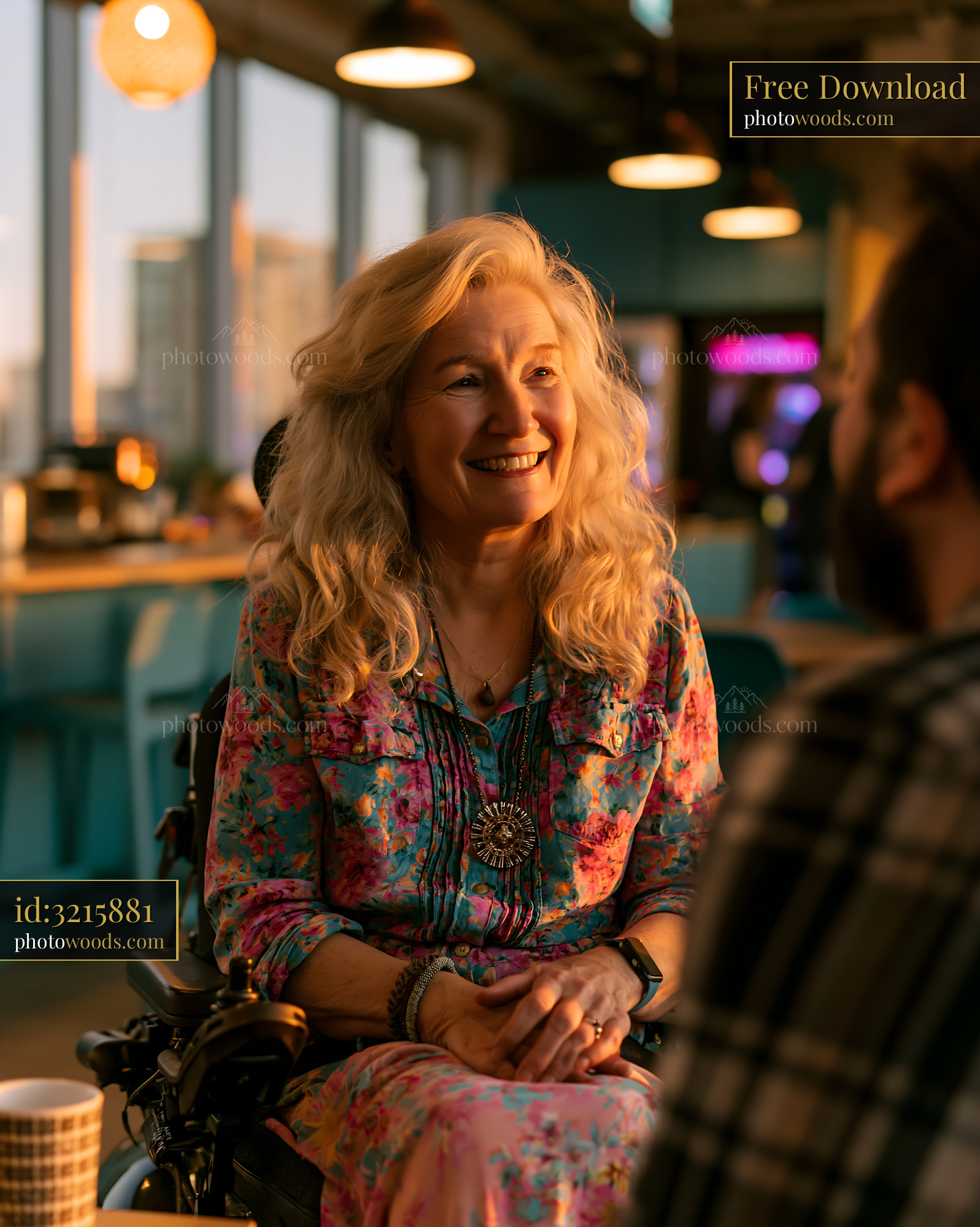 Laughing Grandmother in Modern Cafe During Golden Hour