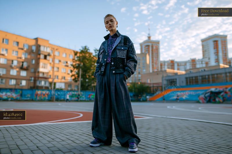 Androgynous Model in Deconstructed Patchwork Outfit on Urban Court
