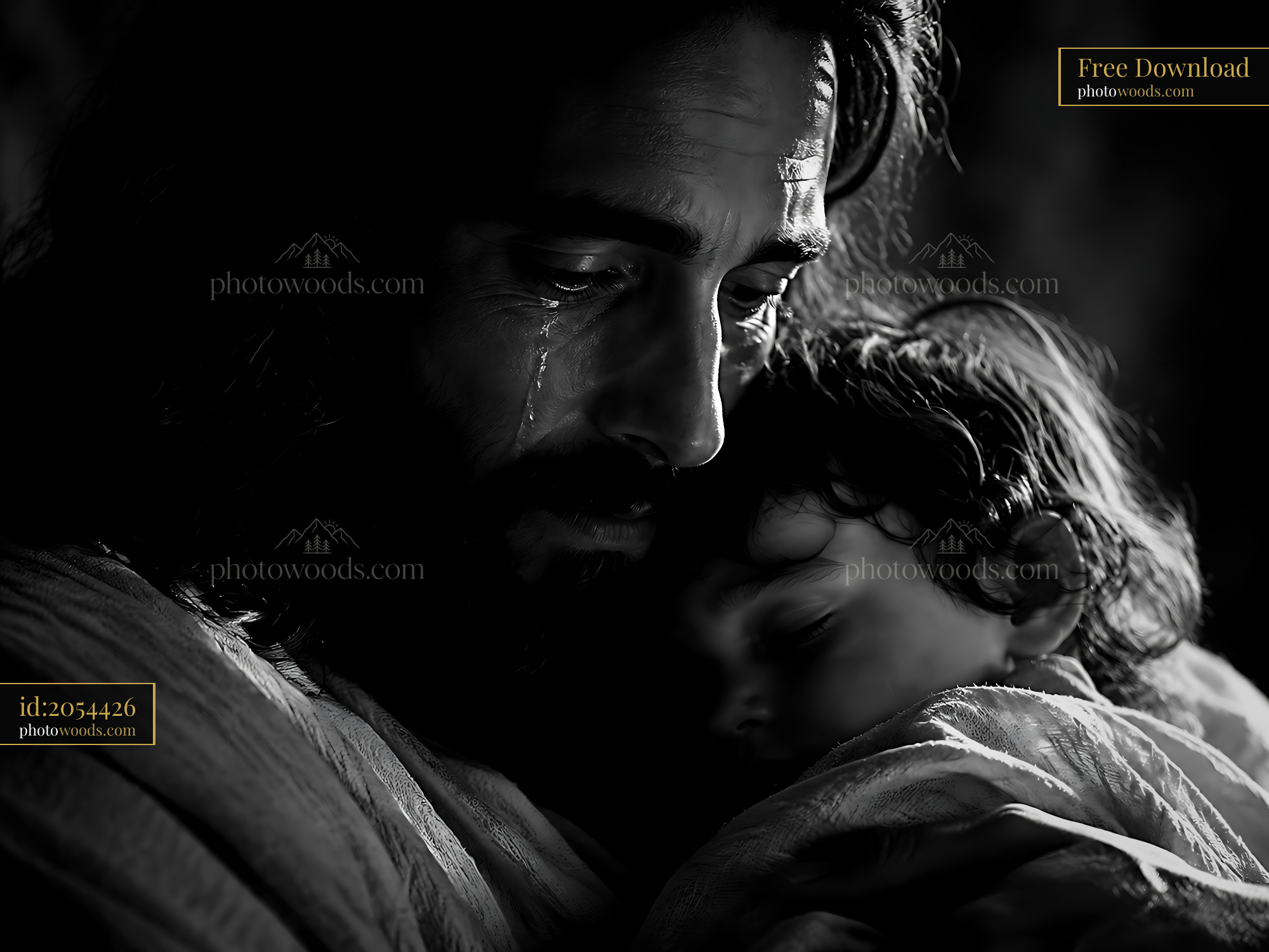 Man Holds Child With Tears in His Eyes in Dark Setting