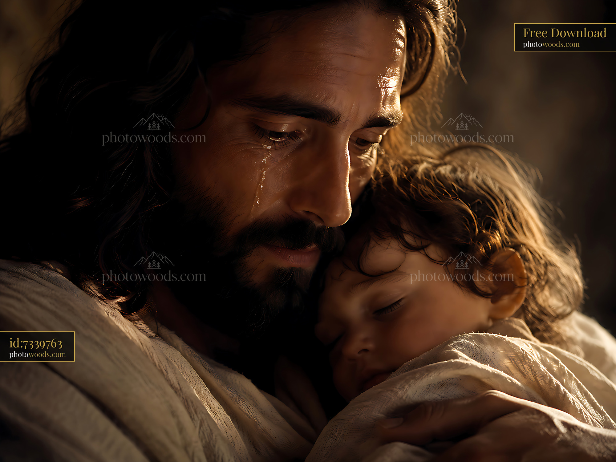 Man Holds Child With Tears in Eyes During Emotional Moment