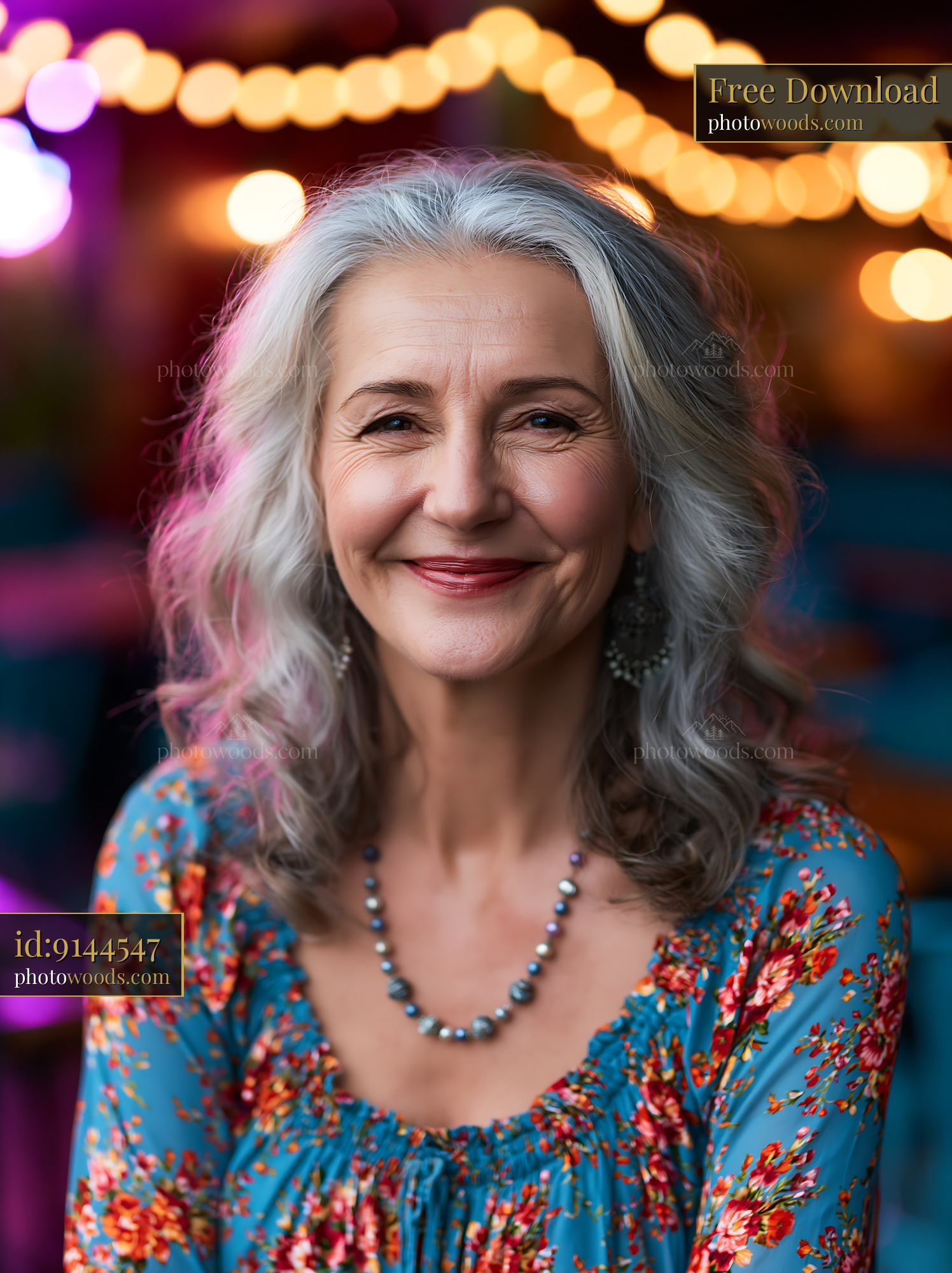 Woman With Gray Hair Smiling Under Bokeh Lighting