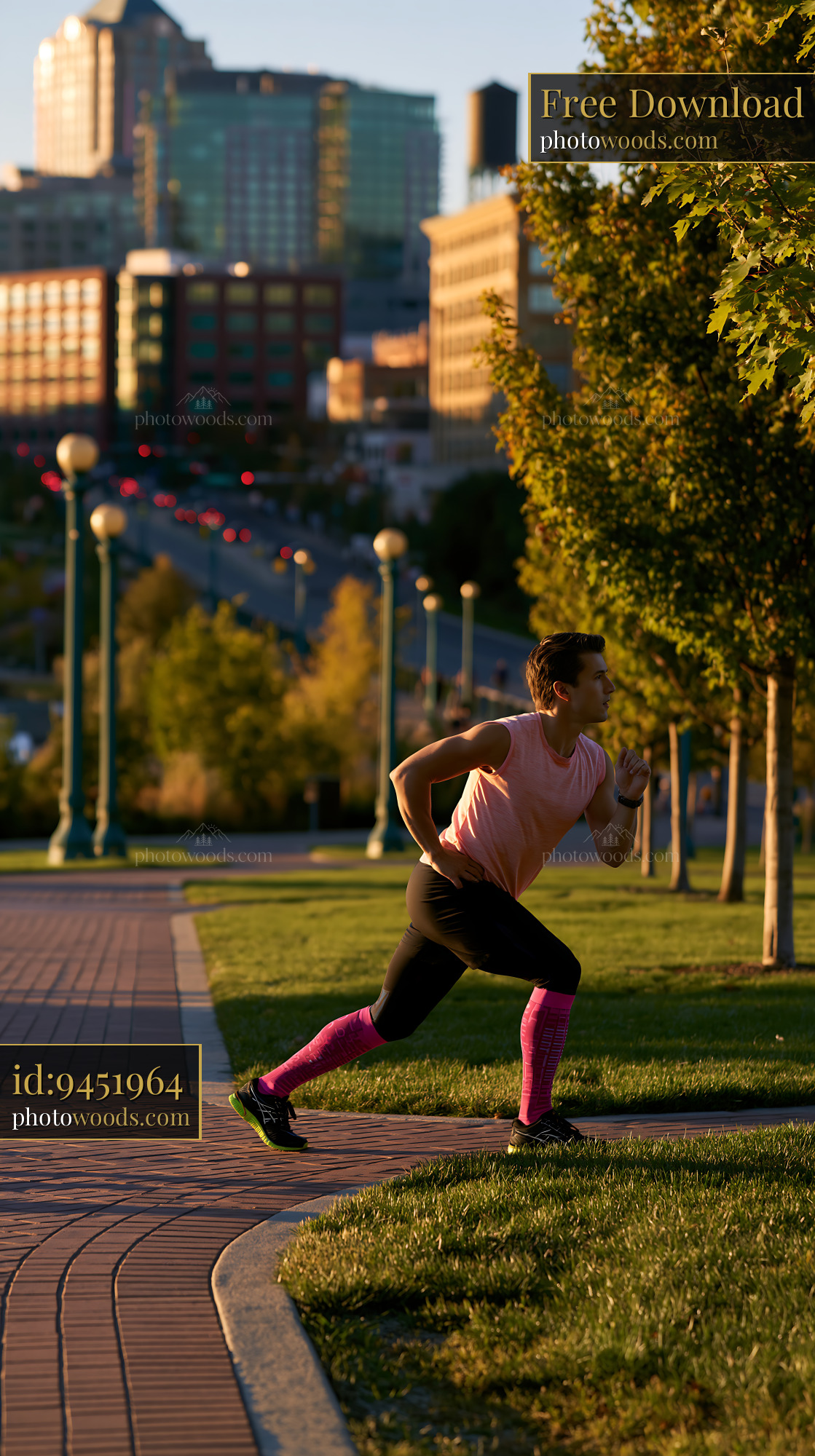Office Worker Running in Park Wearing Compression Stockings Soft Light