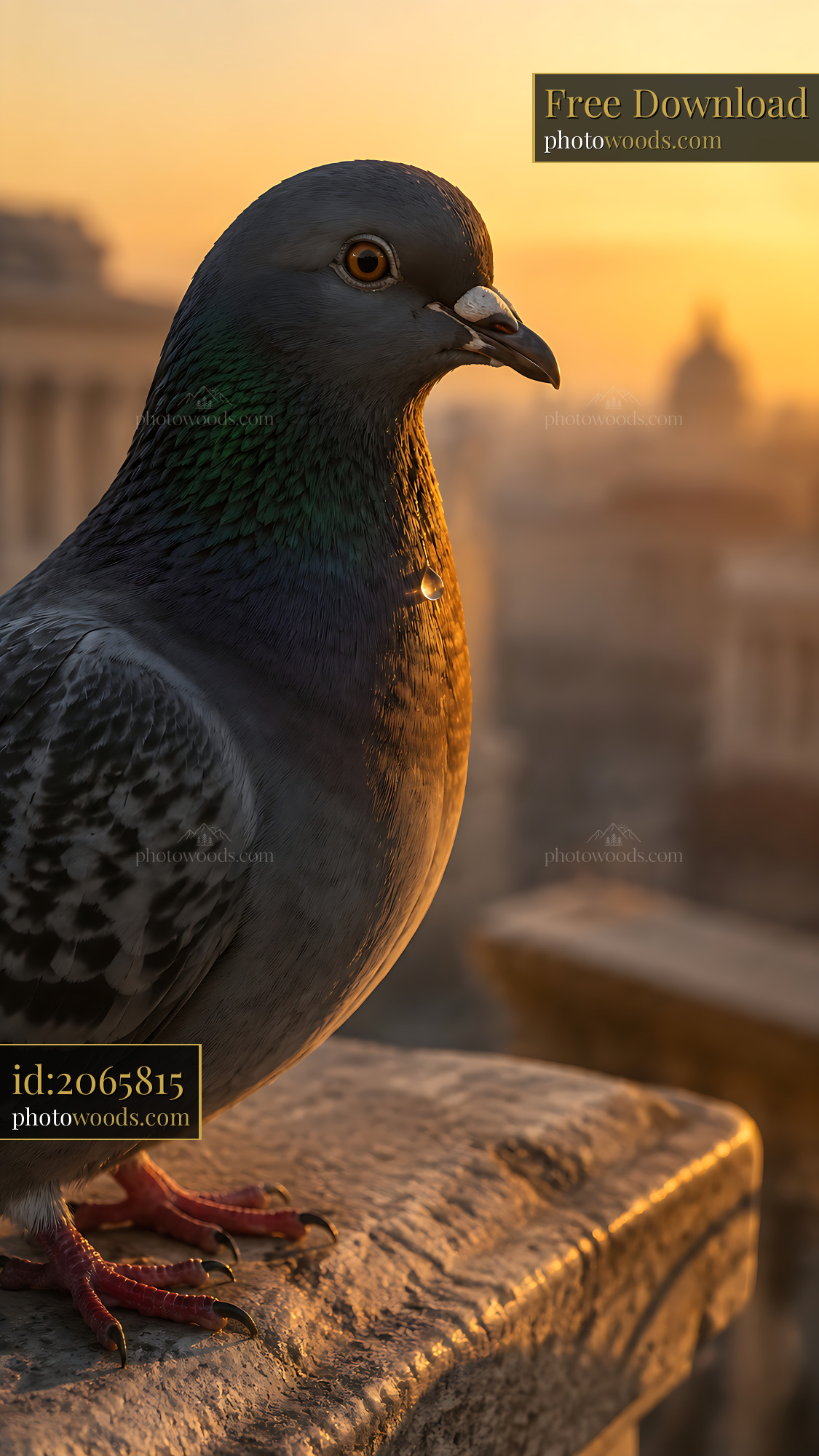 Pigeon Perched on a Stone Ledge at Sunset in the City