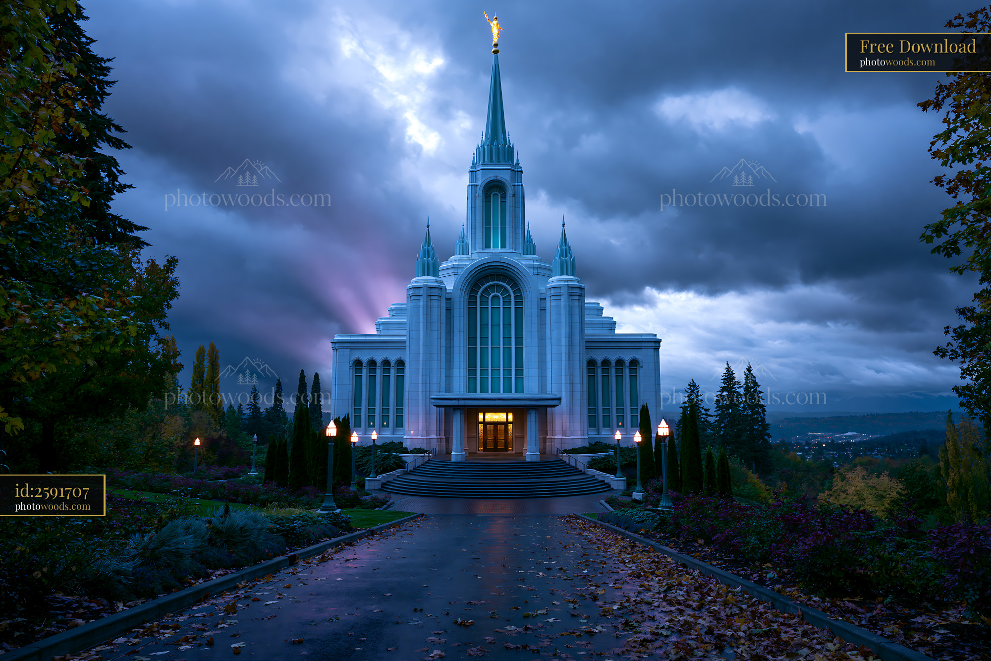 Seattle Washington Temple at Dusk With Dramatic Skies
