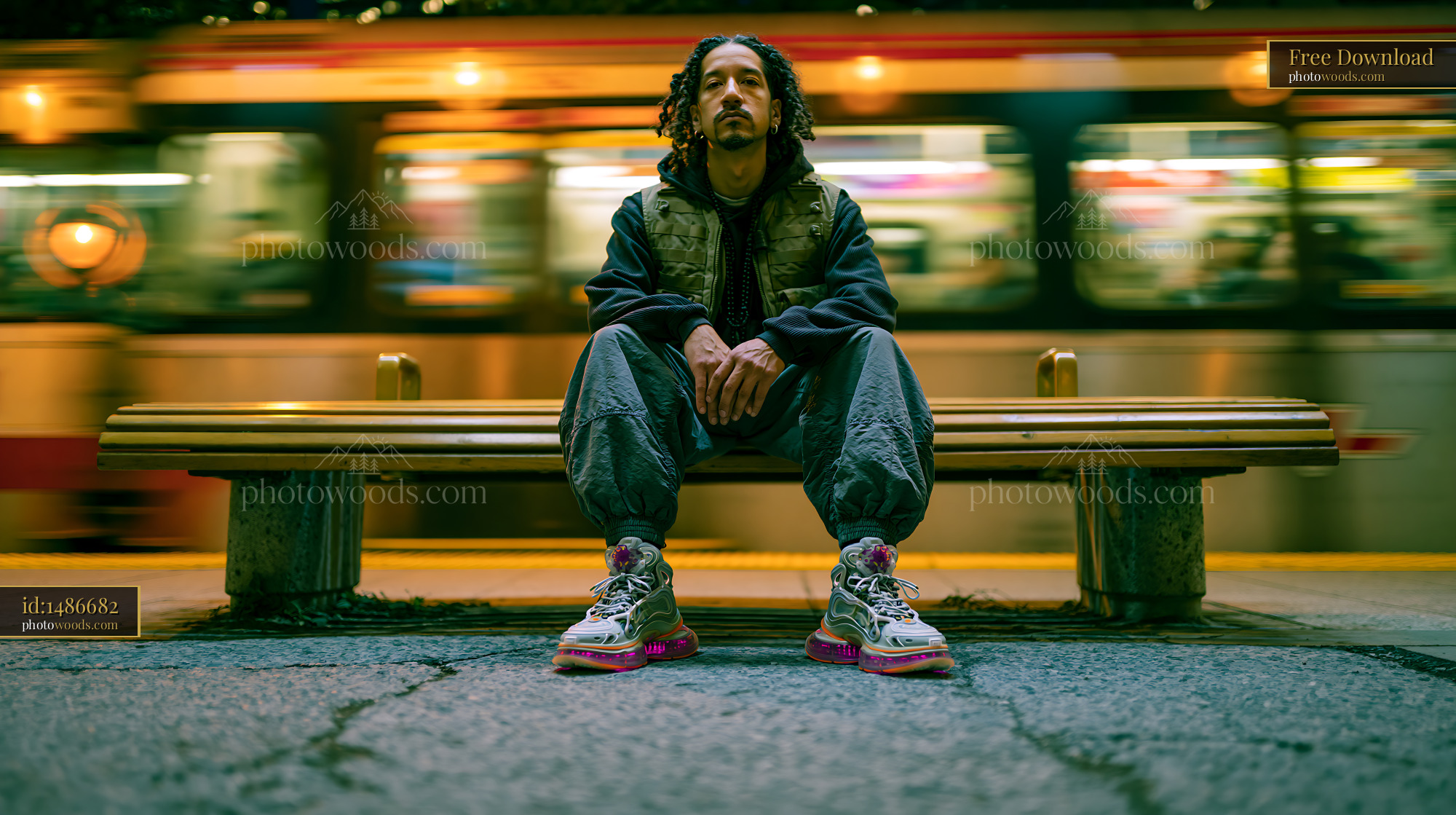 Man Sitting on a Bench in City Street at Night