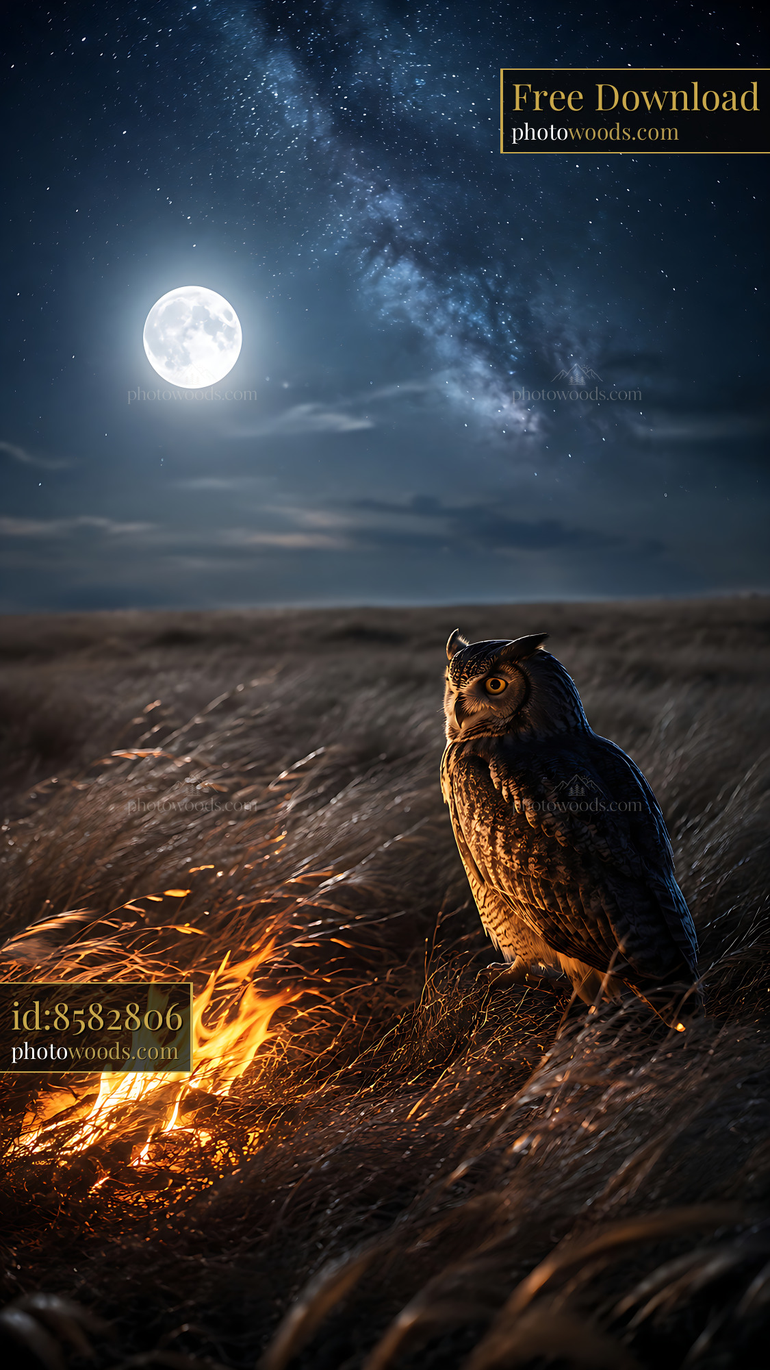 Owl Stands Near Fire Under Moonlight in Open Field at Night