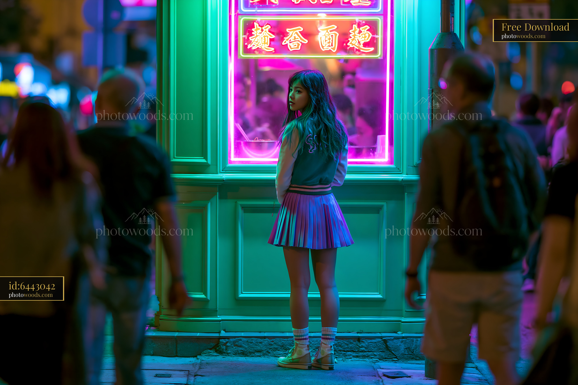 Young Woman in Varsity Jacket Next to Neon Light Street Scene