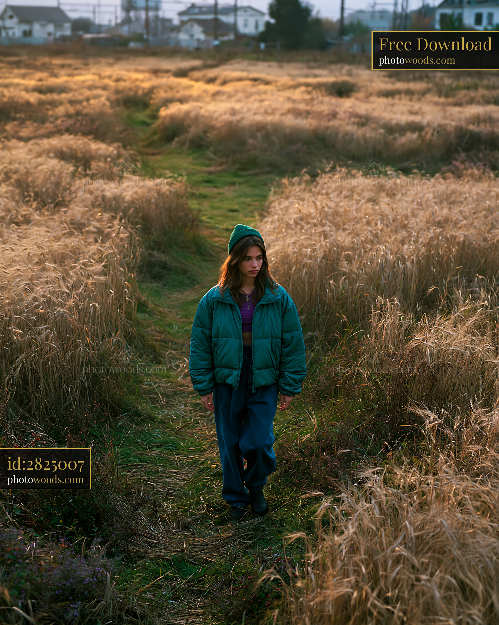 Woman in a Cropped Puffer Jacket Walking in a Field During Sunset