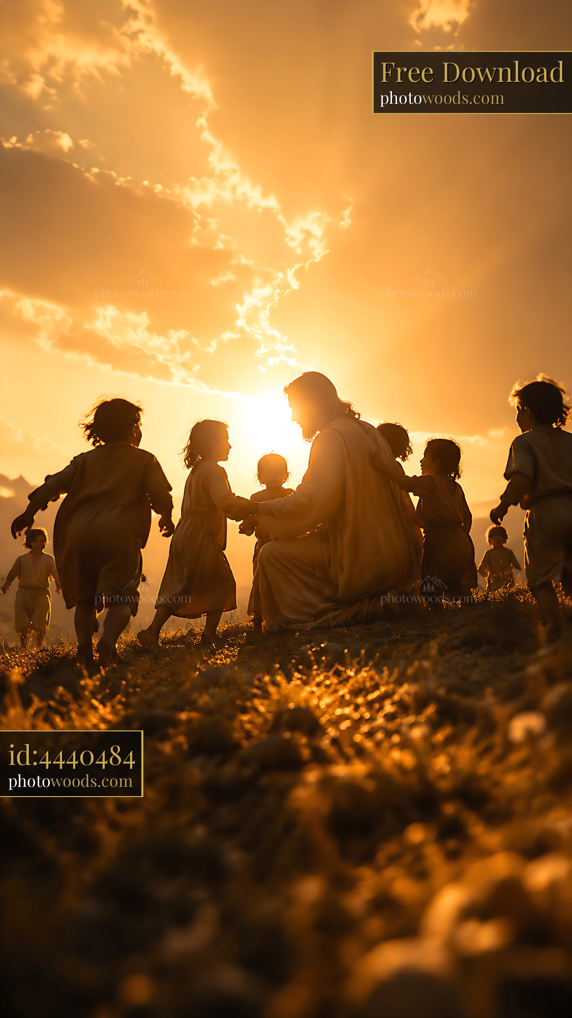 Jesus Interacts With Children During Sunset in a Sandy Area