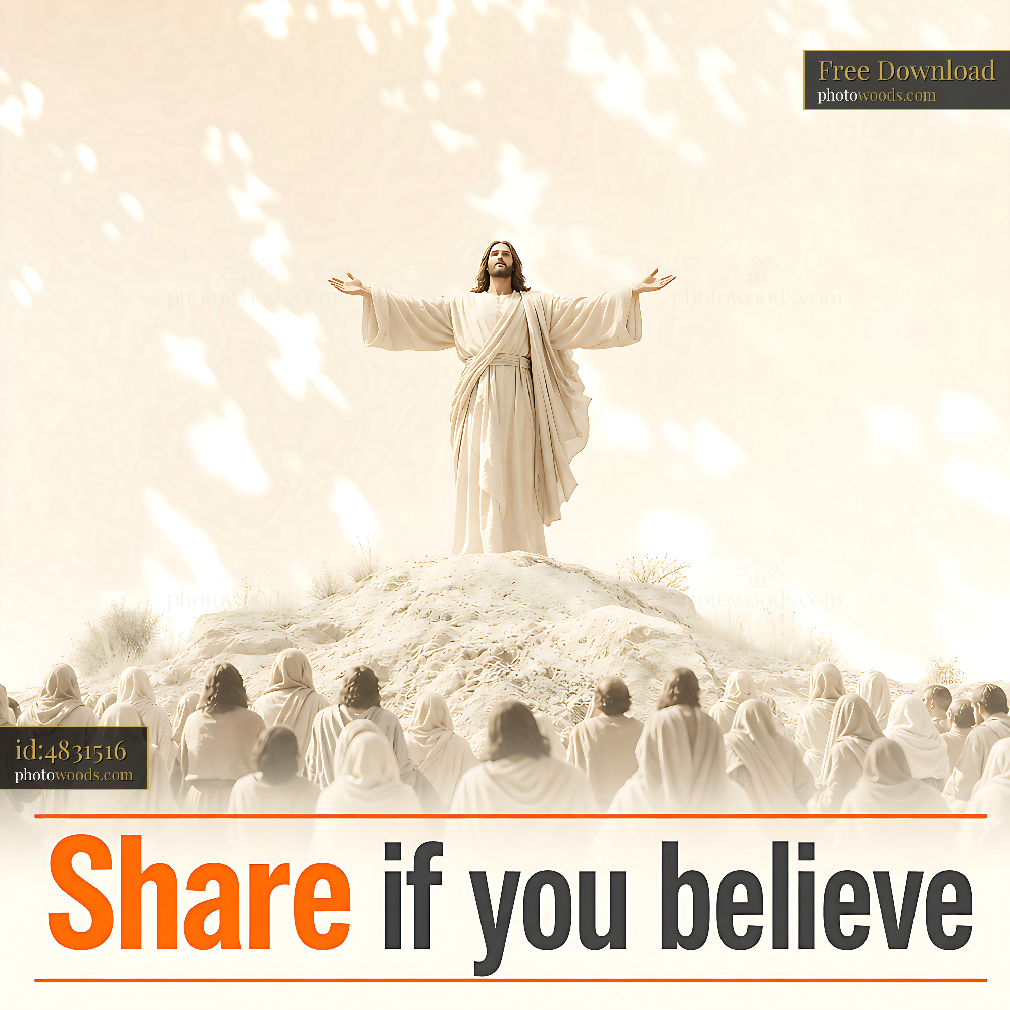 Jesus Standing With Arms Raised Before a Crowd of Believers