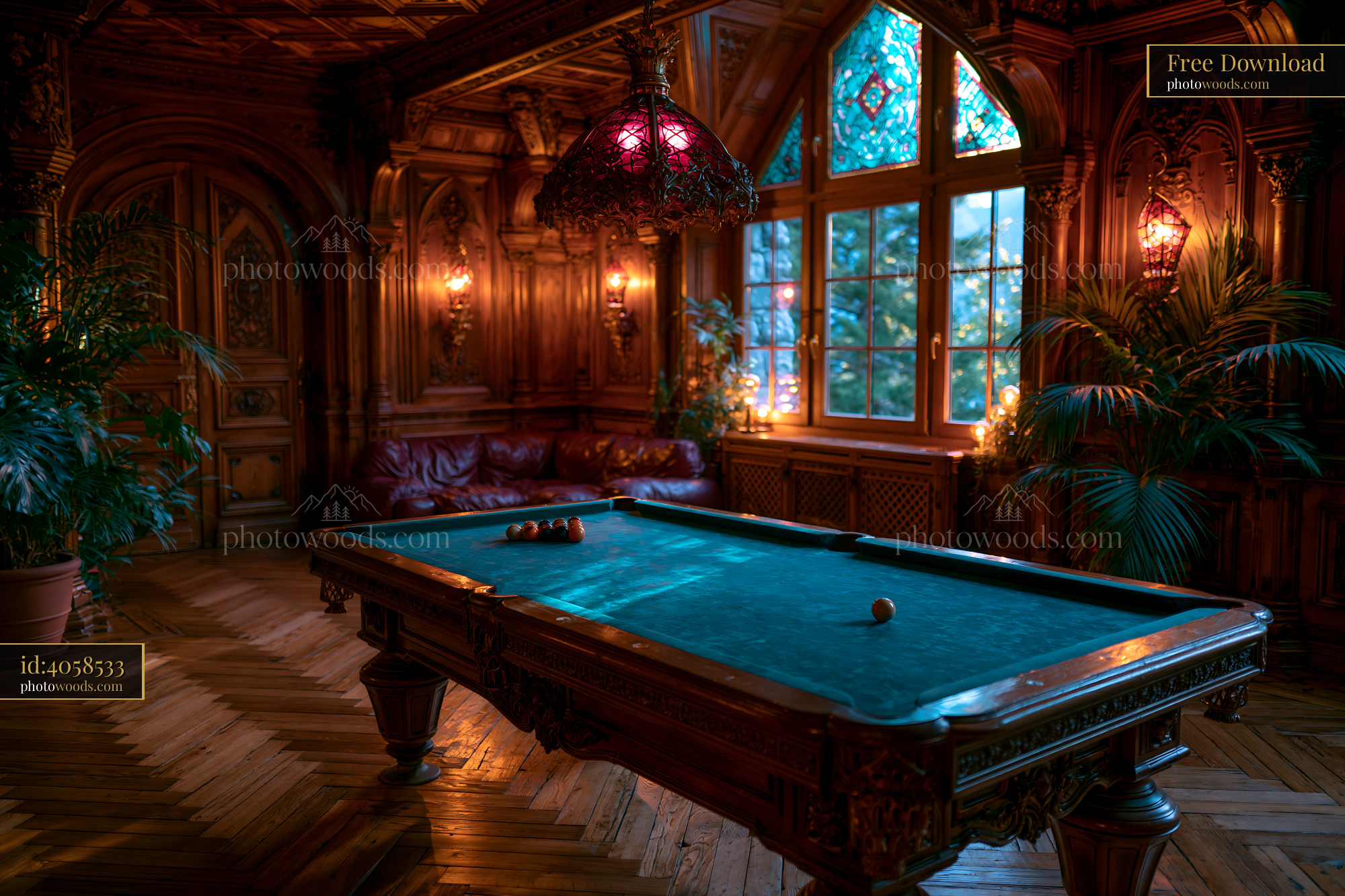 Billiard Room With Dark Wood Interiors and Warm Lighting