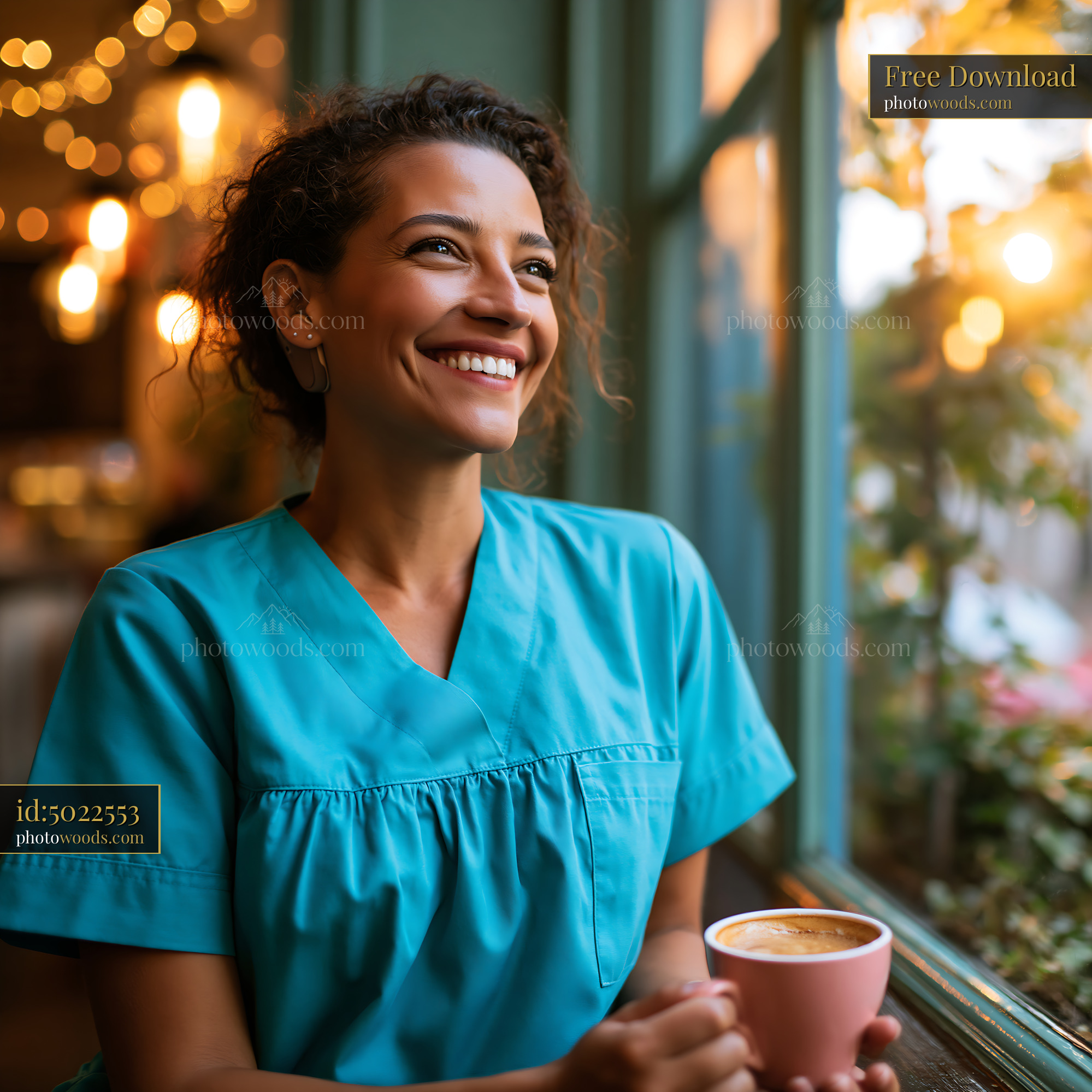 Laughing Nurse Sipping Coffee in Cozy Cafe During Golden Hour