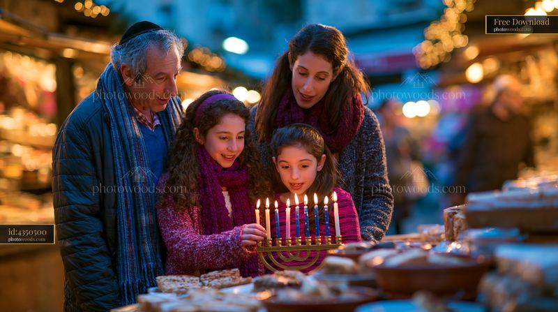 Family Lighting a Menorah for Hanukkah in a Festive Market
